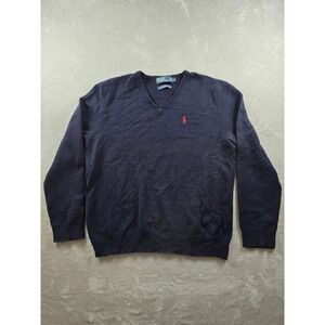 Polo Ralph Lauren Sweater Mens L Blue V-Neck 100% Lambswool Italian Yarn Y2K